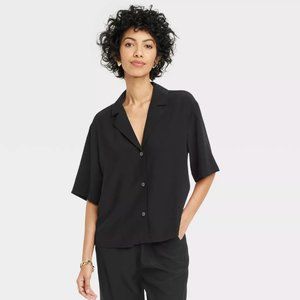 A New Day XL Cropped Black Short Sleeve Button-Down Camp Shirt